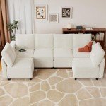 VINGLI 131.6"/108" Cream White Chenille Oversized Modular Sectional Sofa with Storage and USB Chargers, Comfy Sectional Sofa with 6 Seats, 6 Pieces Modern Couch Convertible Sleeper Bed for Living Room