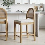 Nathan James Bailey Boucle Upholstered Rattan Bar Stool, Counter Height Stool with Natural Rattan Woven Back For Kitchen Island, Light Brown
