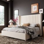 Jocisland King Size Bed Frame Upholstered Platform Bed with Tall Headboard Wingback, Velvet Vertical Channel Tufted, No Box Spring Needed, Easy Assembly, Cream