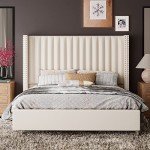 Jocisland King Size Bed Frame Upholstered Platform Bed with Tall Headboard Wingback, Velvet Vertical Channel Tufted, No Box Spring Needed, Easy Assembly, Cream