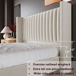 Jocisland King Size Bed Frame Upholstered Platform Bed with Tall Headboard Wingback, Velvet Vertical Channel Tufted, No Box Spring Needed, Easy Assembly, Cream