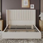 Jocisland King Size Bed Frame Upholstered Platform Bed with Tall Headboard Wingback, Velvet Vertical Channel Tufted, No Box Spring Needed, Easy Assembly, Cream