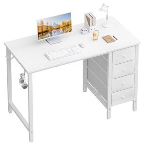 Lufeiya Small White Desk with Fabric Drawers, 40 Inch Kids Girls Teen Cute Study Desk for Bedroom Work, Reversible Computer Writing Table Desks with Drawer for Small Spaces Home Office