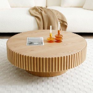 JURMALYN Round Coffee Table for Living Room Contemporary Wood Circle Fluted Coffee Table for Apartment, Easy Assembly ø31.49'', Wood Oak