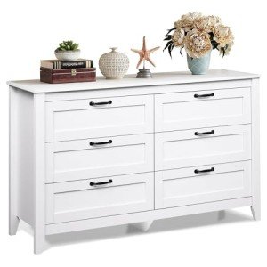 WLIVE 6 Drawer Dresser, Retro Chest of Drawers with Metal Handle, Double Wood Dresser for Bedroom, Living Room, Large Storage Cabinet, White