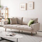 Vonanda Fabric Sofa Couch, Mid-Century 73 Inch 3 Seater Linen Couch with Hand-Stitched Comfort Cushion and Bolster Pillows for Living Room,Elegant Beige