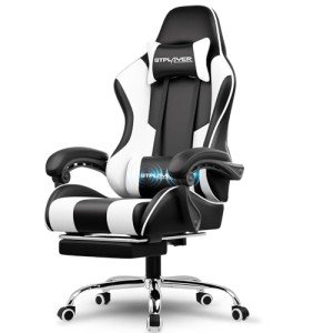 GTPLAYER Gaming Chair, Computer Chair with Footrest and Lumbar Support, Height Adjustable Game Chair with 360°-Swivel Seat and Headrest and for Office or Gaming (White)
