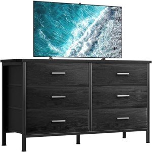 BOLUO Wide Black Dresser for Bedroom 6 Drawer, Dresser TV Stand for 60" TV Dressers & Chests of Drawers Fabric for Closet Modern