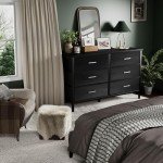 BOLUO Wide Black Dresser for Bedroom 6 Drawer, Dresser TV Stand for 60" TV Dressers & Chests of Drawers Fabric for Closet Modern