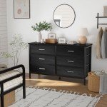 BOLUO Wide Black Dresser for Bedroom 6 Drawer, Dresser TV Stand for 60" TV Dressers & Chests of Drawers Fabric for Closet Modern