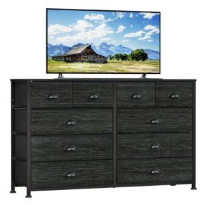 Furnulem Bedroom Dresser for 55”Long TV Stand Entertainment Center Dressers & Chests of Drawers,10 Storage Fabric Drawer, Sturdy Metal Frame Tall Storage Cabinet for Living Room, Entryway, Black Oak