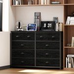 Furnulem Bedroom Dresser for 55”Long TV Stand Entertainment Center Dressers & Chests of Drawers,10 Storage Fabric Drawer, Sturdy Metal Frame Tall Storage Cabinet for Living Room, Entryway, Black Oak