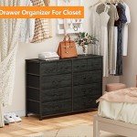 Furnulem Bedroom Dresser for 55”Long TV Stand Entertainment Center Dressers & Chests of Drawers,10 Storage Fabric Drawer, Sturdy Metal Frame Tall Storage Cabinet for Living Room, Entryway, Black Oak