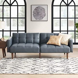 mopio Aaron 76.8" Couch, Small Futon Sofa Bed, Sleeper, Loveseat, Mid Century Modern Futon Couch, Sofa Cama, Couches for Living Room, Bedroom (Cloud Gray, Faux Leather)