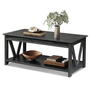WLIVE Coffee Table, 43" Farmhouse Coffee Table with Storage Shelf & Sturdy V-Shaped Support, Wood Center Table for Living Room, Bedroom, Office and Balcony, Black