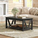 WLIVE Coffee Table, 43" Farmhouse Coffee Table with Storage Shelf & Sturdy V-Shaped Support, Wood Center Table for Living Room, Bedroom, Office and Balcony, Black