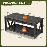 WLIVE Coffee Table, 43" Farmhouse Coffee Table with Storage Shelf & Sturdy V-Shaped Support, Wood Center Table for Living Room, Bedroom, Office and Balcony, Black