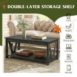 WLIVE Coffee Table, 43" Farmhouse Coffee Table with Storage Shelf & Sturdy V-Shaped Support, Wood Center Table for Living Room, Bedroom, Office and Balcony, Black