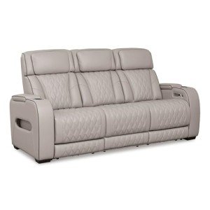 Signature Design by Ashley Boyington Contemporary Leather Match Power Reclining Sofa with USB Charging Ports, LED Lights and Adjustable Headrest, Light Gray