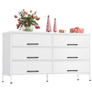 WLIVE Wide Fabric Dresser, 6 Drawer Dresser TV Stand for 68" TV, White Dressers Bedroom Furniture Large Storage Tower Unit with Fabric Bins for Bedroom, Closet, Hallway, White