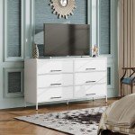 WLIVE Wide Fabric Dresser, 6 Drawer Dresser TV Stand for 68" TV, White Dressers Bedroom Furniture Large Storage Tower Unit with Fabric Bins for Bedroom, Closet, Hallway, White
