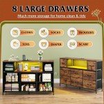 WLIVE Dresser for Bedroom, TV Stand for Bedroom for 55 inch TV with Charging Station and LED Lights, Fabric Chest of Drawers with Open Shelves, 8 Drawers Dressers for Living Room, Closet