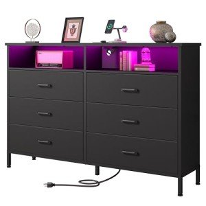 Dresser for bedroom, Fabric Black Bedroom Dresser with LED Lights and Charging Station, 6 Long Drawers Dressers, Tall Wide Chest of Drawers Storage Organizer TV Stand for up to 60" TV for Living Room