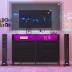 Dresser for bedroom, Fabric Black Bedroom Dresser with LED Lights and Charging Station, 6 Long Drawers Dressers, Tall Wide Chest of Drawers Storage Organizer TV Stand for up to 60" TV for Living Room