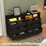 Dresser for bedroom, Fabric Black Bedroom Dresser with LED Lights and Charging Station, 6 Long Drawers Dressers, Tall Wide Chest of Drawers Storage Organizer TV Stand for up to 60" TV for Living Room