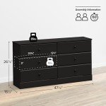 Prepac Astrid 6 Drawer Double Dresser for Bedroom, Wide Chest of Drawers, Bedroom Furniture, Clothes Storage and Organizer, 15.5" D x 47.5" W x 26.85" H, Black