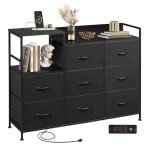 WLIVE Black Dresser TV Stand for Bedroom with Charging Station and Open Shelves, Fabric Dresser with 8 Drawers and Wood Top, Wide Storage Chest of Drawers for Living Room, Hallway