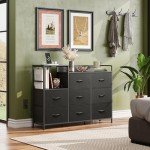 WLIVE Black Dresser TV Stand for Bedroom with Charging Station and Open Shelves, Fabric Dresser with 8 Drawers and Wood Top, Wide Storage Chest of Drawers for Living Room, Hallway