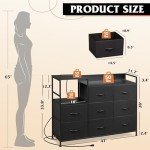 WLIVE Black Dresser TV Stand for Bedroom with Charging Station and Open Shelves, Fabric Dresser with 8 Drawers and Wood Top, Wide Storage Chest of Drawers for Living Room, Hallway