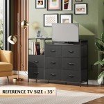 WLIVE Black Dresser TV Stand for Bedroom with Charging Station and Open Shelves, Fabric Dresser with 8 Drawers and Wood Top, Wide Storage Chest of Drawers for Living Room, Hallway