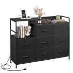 WLIVE Black Dresser TV Stand for Bedroom with Charging Station and Open Shelves, Fabric Dresser with 8 Drawers and Wood Top, Wide Storage Chest of Drawers for Living Room, Hallway