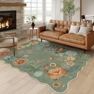 Lahome Floral Living Room Rugs, Area Rugs 5x7 Rug for Bedroom Ultra-Thin Soft Rug, Non-Slip Washable Rugs Stain Resistant Boho Rug Low-Pile Throw Rug for ‎Dining Room Office (5x7ft,Green)