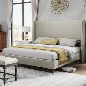PaPaJet King Platform Bed Frame 51.2" High Headboard Tall Upholstered Bed/No Box Spring Required/Wood Slat Support/Easy Assembly/Light Khaki