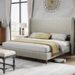 PaPaJet King Platform Bed Frame 51.2" High Headboard Tall Upholstered Bed/No Box Spring Required/Wood Slat Support/Easy Assembly/Light Khaki