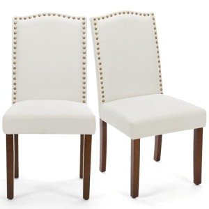 DUMOS Upholstered Dining Chairs Set of 2, Modern Fabric Dining Room Chair with Nailhead Trim and Wood Legs, Mid-Century Accent for Living Room, Kitchen, Beige