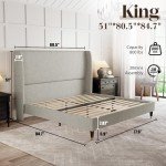 PaPaJet King Platform Bed Frame 51.2" High Headboard Tall Upholstered Bed/No Box Spring Required/Wood Slat Support/Easy Assembly/Light Khaki
