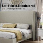 PaPaJet King Platform Bed Frame 51.2" High Headboard Tall Upholstered Bed/No Box Spring Required/Wood Slat Support/Easy Assembly/Light Khaki