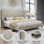 PaPaJet King Platform Bed Frame 51.2" High Headboard Tall Upholstered Bed/No Box Spring Required/Wood Slat Support/Easy Assembly/Light Khaki