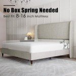 PaPaJet King Platform Bed Frame 51.2" High Headboard Tall Upholstered Bed/No Box Spring Required/Wood Slat Support/Easy Assembly/Light Khaki