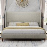PaPaJet King Platform Bed Frame 51.2" High Headboard Tall Upholstered Bed/No Box Spring Required/Wood Slat Support/Easy Assembly/Light Khaki