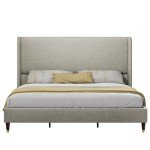 PaPaJet King Platform Bed Frame 51.2" High Headboard Tall Upholstered Bed/No Box Spring Required/Wood Slat Support/Easy Assembly/Light Khaki