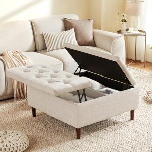 Weture 35 Inch Extra Large Storage Ottoman Coffee Table with Lift Top, Oversized Square Ottoman with Storage, Tufted Upholstered Ottoman Coffee Tables for Living Room (Fabric, Beige)