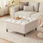 Weture 35 Inch Extra Large Storage Ottoman Coffee Table with Lift Top, Oversized Square Ottoman with Storage, Tufted Upholstered Ottoman Coffee Tables for Living Room (Fabric, Beige)