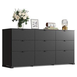 WLIVE 9 Drawer Dressers, Modern Large Wood Dresser Chest for Bedroom Organize with Sturdy Metal Handle, TV Stand for 75 inch TV, Living Room Office, Hallway, Ball Bearing Slide, Black (63" W)
