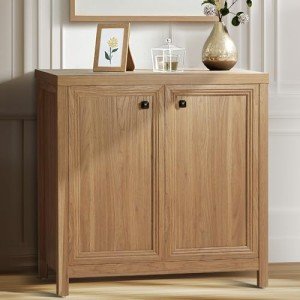 KOLIGEY Buffet Cabinet Sideboard Pantry Kitchen Cabinet with Extra Thick MDF Panel Frame, Credenza for Kitchen Living Room Entryway, Natural Walnut (2 Doors)