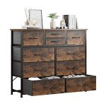LUMTOK 10-Drawer Dresser, Fabric Storage Dressers for Bedroom, Hallway, Nursery, Closets, Steel Frame, Wood Top, Easy Pull Handle (Rustic Brown)